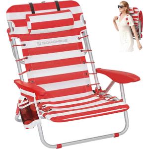 SONGMICS Portable Backpack Beach Chair, 331 lb Capacity, 4 Angles Adjustable Backrest, 2 Side Pockets, Towel Bar, Red and White UGCB062R01