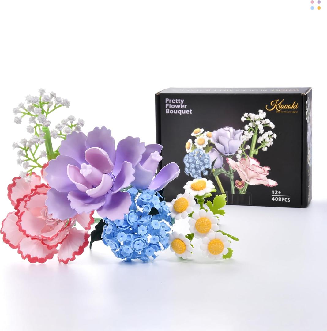 Morandi-Inspired Flowers Bouquet Set for Adults Women, Botanical Collection Flower Building Blocks for Home Decor, Artificial Flowers for Mothers Day Birthday Gifts, 408PCS (NO VASE)
