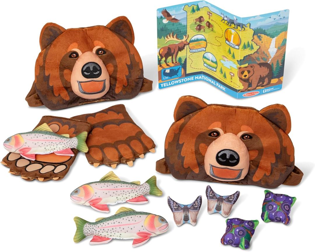 Melissa & Doug Yellowstone National Park Grizzly Bear Games and Pretend Play Set with Plush Bear Heads and Paw Gloves, Kids Animal Activity for Preschoolers, Pretend Play Active Games for Ages 3+
