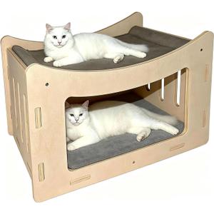 Cute Cat Head Wooden Indoor Cat House, Double Decker Cat Shelter with Elevated Soft Canvas Upper Bed and Cat Bed Mat, Multi-Level Pet Condo for Cats & Rabbits