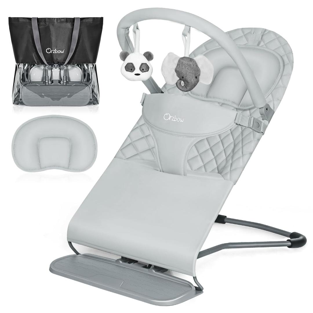 Orzbow Portable Baby Bouncer, Foldable Baby Bouncer Seat with Storage Bag and Removable Play Bar, 3 Recline Positions, 0-12 Months Up to 20lbs, Ergonomic Design with Comfortable Headrest, Gray