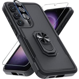 for Samsung Galaxy S25 Plus/S24 Plus Case with Screen Protector+Camera Lens Protector,Heavy Duty Shockproof Full Body Protective Cover Built in Rotatable Metal Ring Holder Kickstand,2025 Black Matte