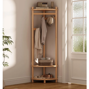 Solid Wood Corner Hall Tree with Hanging Clothes Rod, 4 Hooks Coat Rack with Storage Rack, Clothes Rack for Bedroom Entryway (Natural)