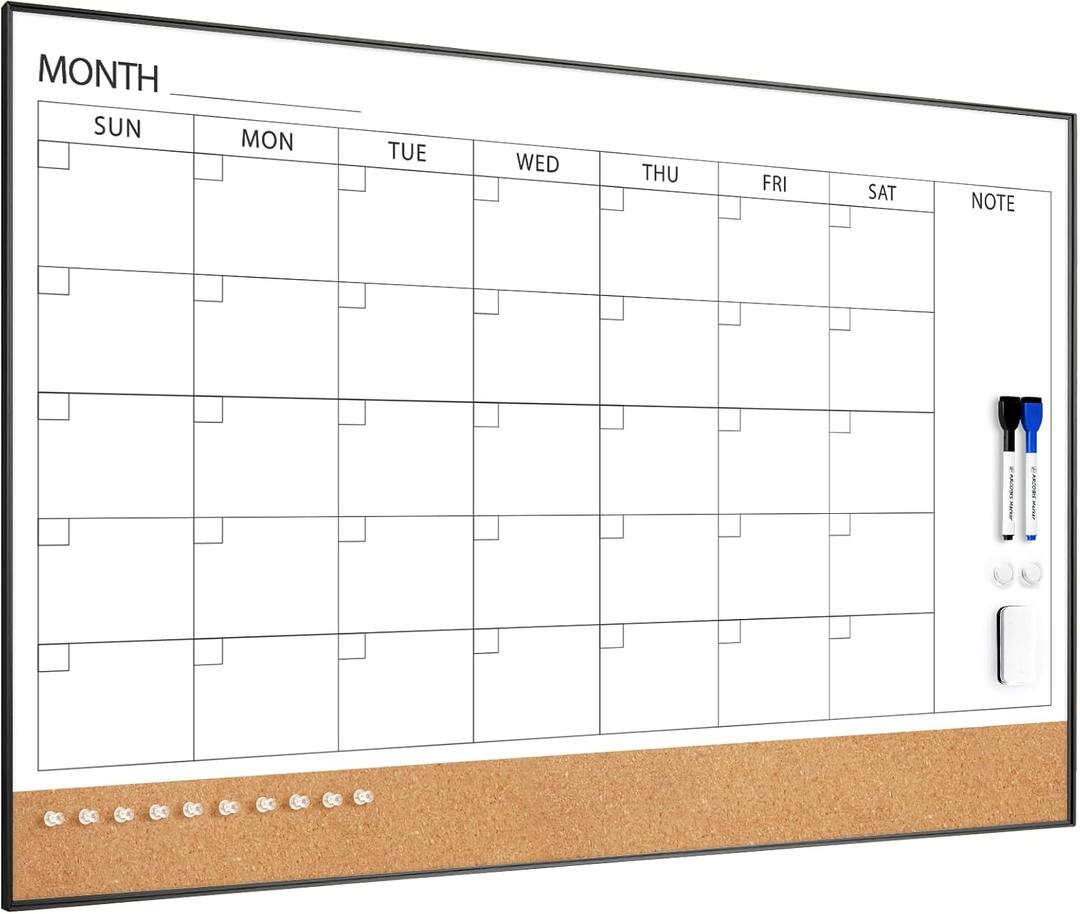 Dry Erase Calendar with Cork Board for Wall
36"x 24" Magnetic Calendar Whiteboard with Black Frame, Monthly Combination Board for School, Home, Office