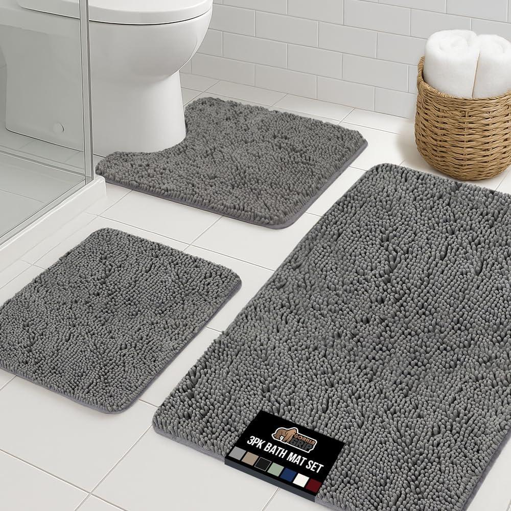 GORILLA GRIP Bathroom Rug Sets 3 Piece, Bath Mat Set and Oval Toilet Base with Rubber Backing, Plush Absorbent Shaggy Chenille Washable Mats, Includes 24x19.5, 24x17 and 36x24 Inch Rugs, Grey