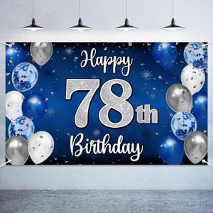 Happy 78th Birthday Decorations,78th Blue & Silver Balloon Large Birthday Banner Backdrop Sign,Cheers to 78 Years Old Bday Party Supplies.