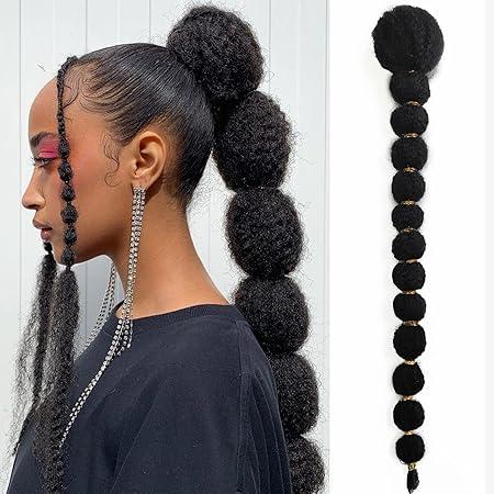 Brown Drawstring Ponytail for Black Women 22 Inch Kinky Afro Bubble Braided Ponytail Extension Clip on Pony Tail Hair Extension Curly Braided Afro Puff Drawstring (Black)