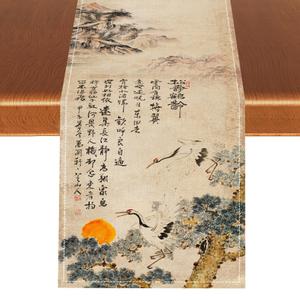 Japanese Table Runner, Retro Crane Traditional Vintage Asian Oriental Inking Painting Eastern Landscape Nature Print Chinese Table Runner for Home Party Kitchen Dining Wedding Party Decor, 13x108