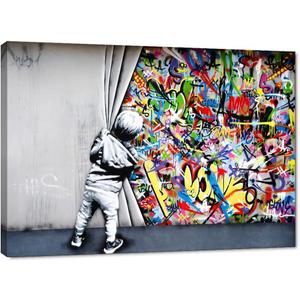 Yatsen Bridge Behind The Curtain Canvas Prints Banksy Graffiti Wall Art Paintings Pop Art Colorful Posters Stretched Pictures for Living Room Modern Home Decor Framed Ready to Hang(44''W x 28''H)