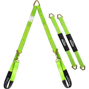 V-Bridle Strap 2" x 4' w/Snap Hooks w/Cordura Sleeve and 2 Pack 2"x 36" Axle Straps, D Ring Middle, for Car Hauler, Rollback, Flat Bed, Tow Truck, Wreck & Recovery (Green)