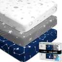 Fitted Unisex Crib Sheets (3 Pack) by GROW WILD - Jersey Knit Cotton Crib Sheets for Boys or Girls, 52 x 28 x 9 Crib Bedding Set (Moon, Stars and Constellation) (Navy, Gray)