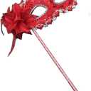 AZYOUNG Women's Masquerade Masks Side Feather Flower Petal Hand Held Lace Mask with Stick (Red)
