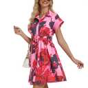 Rseoutlh Women's Button Down Shirt Dress Floral Printed V-Neck Turn Down Short Sleeve Mini Casual Trench Coat Formal Red