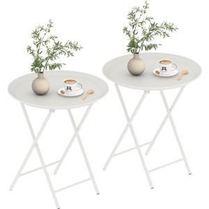 Garden 4 you Folding TV Tray Table, Metal Round Side Table, White Dinner Table with Metal Frame, Modern Outdoor Tray Table for Living Room, Bedroom, Patio & Small Spaces, 2 Packs