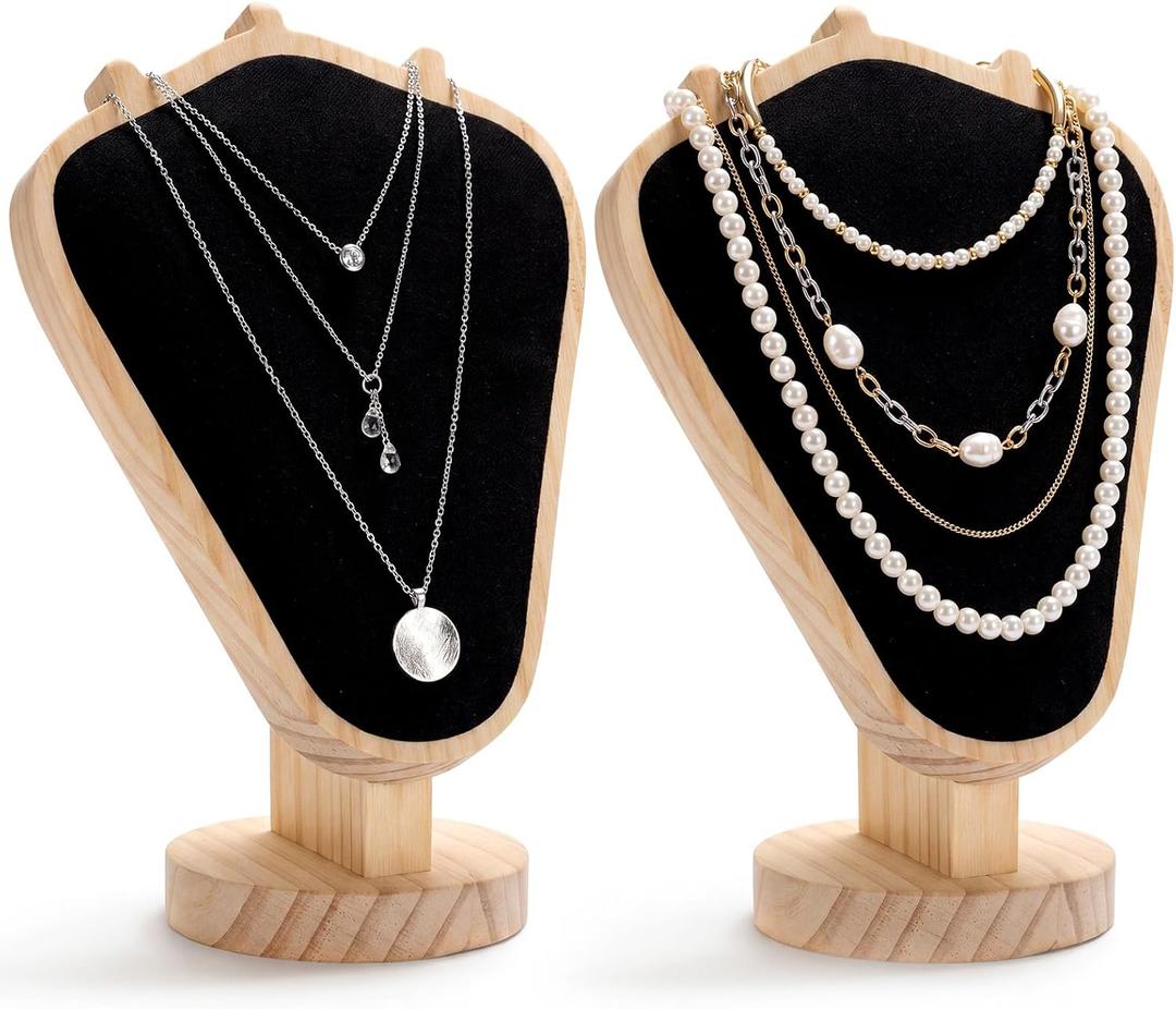 Sureio 2 Pcs Vintage Velvet Necklace Display Stand 8.3 x 5.5 x 3.35 Inches Mannequin Velvet Jewelry Necklace Holder Elegant Decor for Wedding Jewelry Selling Trade Shows (Black, Wood Color)