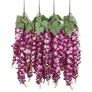 Duovlo Silk Wisteria Flower Artificial 2.13 Feet Hanging Wisteria Vine Fake Flower Bush String Home Party Wedding Decoration,Pack of 4 (Dark Purple)