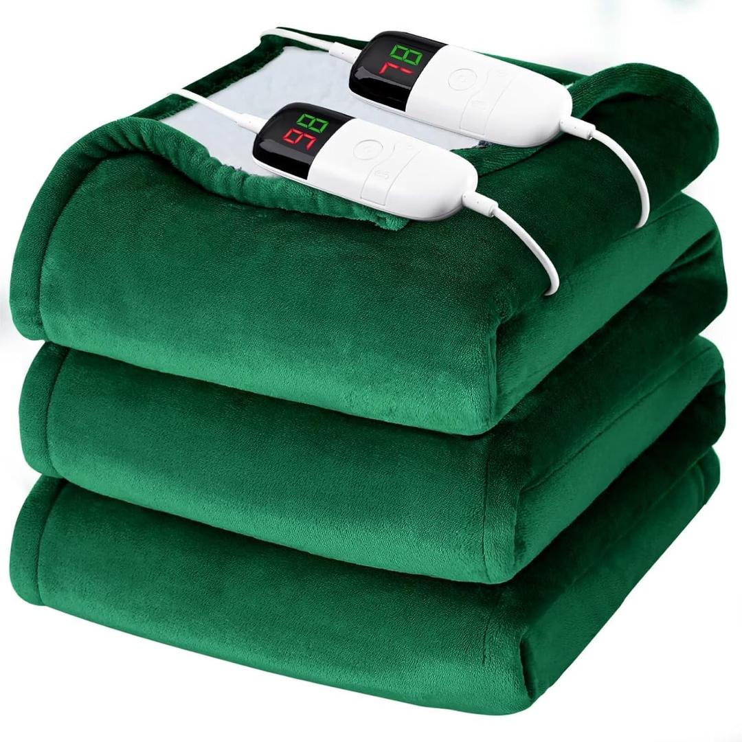Heated Electric Blanket King Size - 90" x 100" Heating Blanket with Dual Control, 10 Heating Levels & 8 Hours Auto Off, Soft Warm Flannel Blanket, Christmas Birthday Gifts for Senior Grandma (Moss)