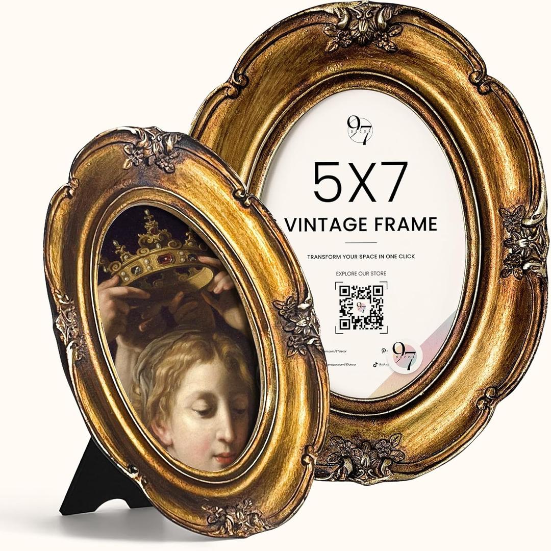 97 Decor 5x7 Oval Picture Frame - Vintage 5x7 Picture Frame Gold, Rustic 5 x 7 Gold Frame, Ornate Photo Frame 5 By 7 Picture Frames For Tabletop And Wall Hanging