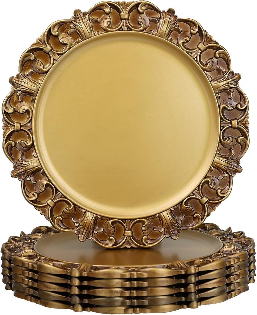 Gold Charger Plates Set of 6, Decorative Table Plastic Chargers for Dinner Plates, Party, Wedding, Thanksgiving, Christmas, 11G