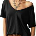 Women's V Neck Tee Short Sleeve Drop Shoulder Loose T-Shirts Casual Tops (Black, L)