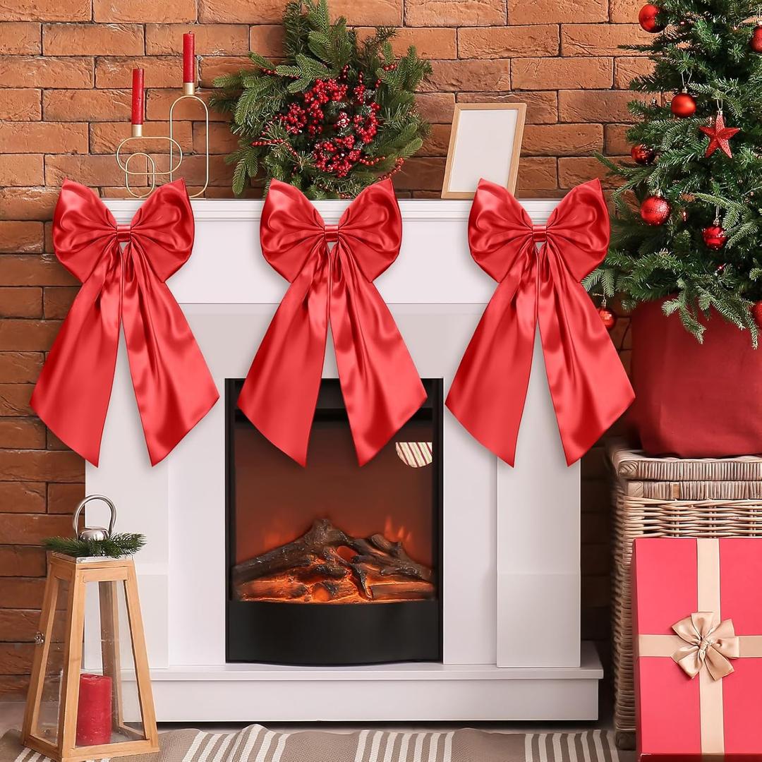 3 Pcs 2 FT Large Red Christmas Bow Decorations Big Satin Bows Hanging Wall Decors for Room Fireplace Coquette Birthday Backdrop Bridal Shower Wedding Bachelorette Christmas Party Supplies
