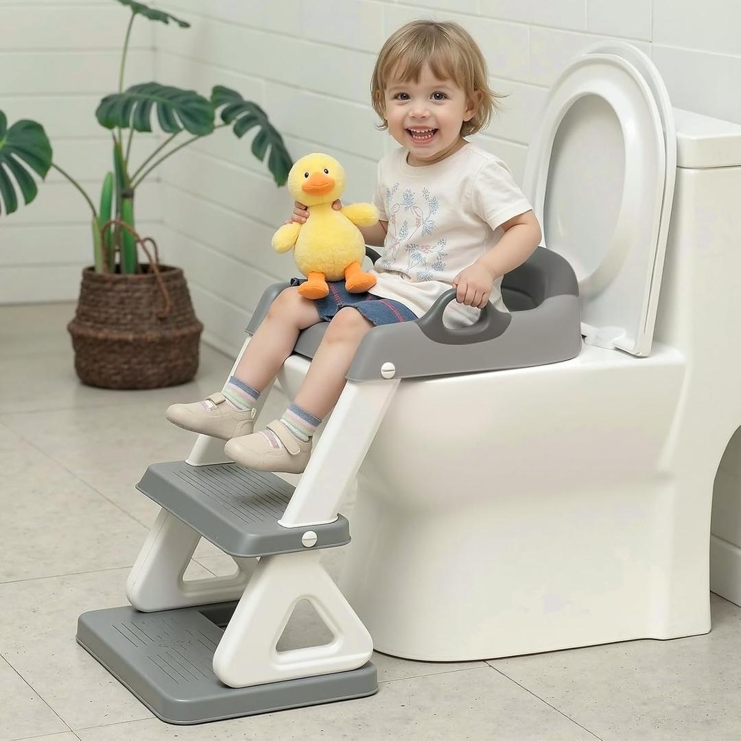 Potty Training Toilet Seat with Step Stool Ladder for Boys and Girls, 2 in 1 Potty Training Toilet, Splash Guard Anti-Slip Pad Step StoolGray-White) Pedal Upgrade