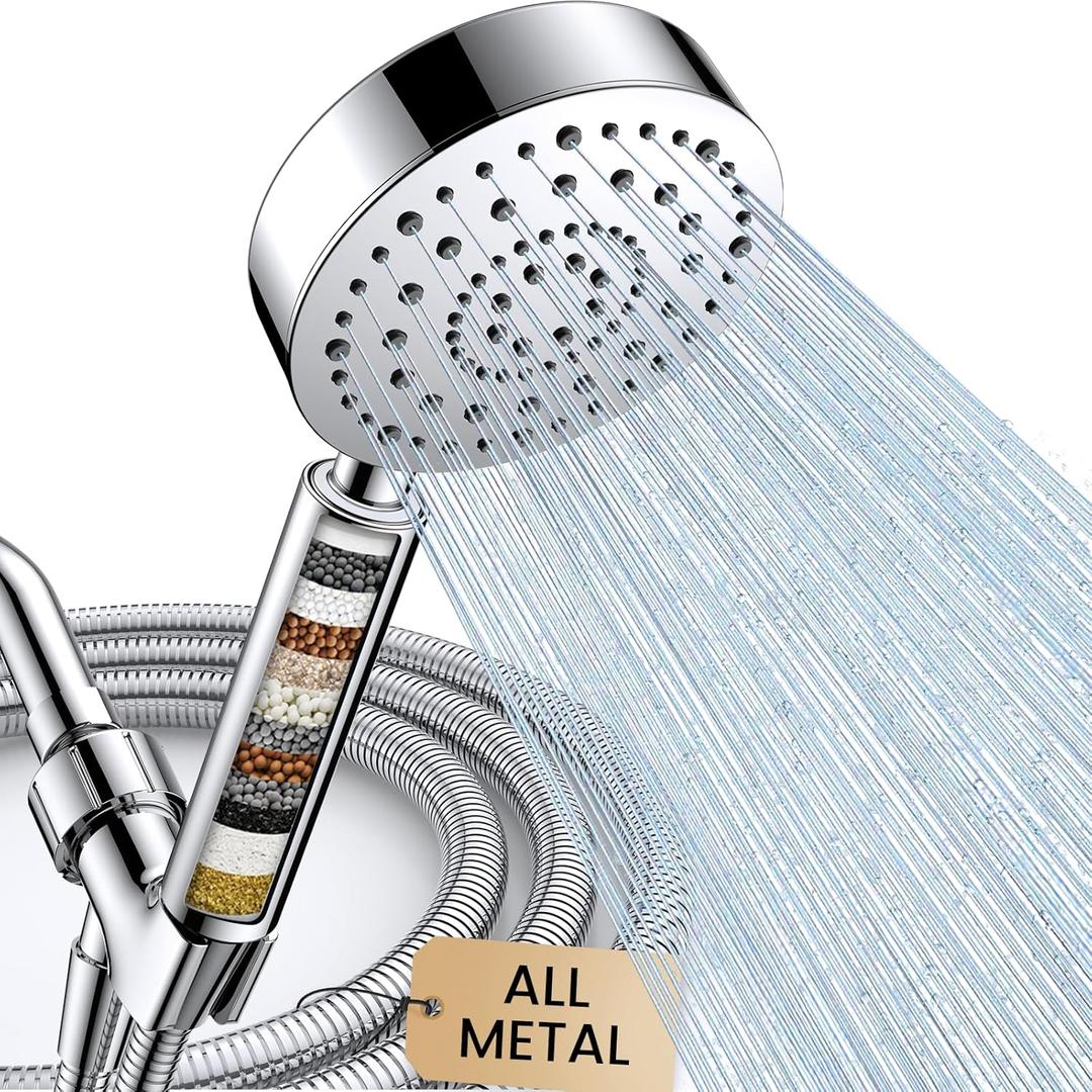 FEELSO Filtered Shower Head with Handheld, 6 Spray High Pressure ALL METAL Shower Head with Filters for Hard Water - Remove Chlorine, Reduce Dry Itchy Skin, Extra-long 72" Hose and Brass Holder (Chrome Plated)