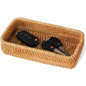 Small Rattan Serving Tray, Woven Rectangle Tray key Bowl for entryway, Natural Wicker Trays Key Bowl Decorative Baskets for Coffee Table, Kitchen, Bathroom