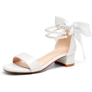 Coutgo Girls Dress Shoes Chunky Low Heels Sandals Bow Pearl Ankle Strap Flower Girl Wedding Party Shoes, White, size 3