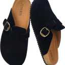 ZUSERIS Women's Men's Suede Clogs Wide Width Leather Mules Cork Footbed Sandals Slip on Comfort Potato Shoes with Arch Support (9.5 Women/8.5 Men, Black)