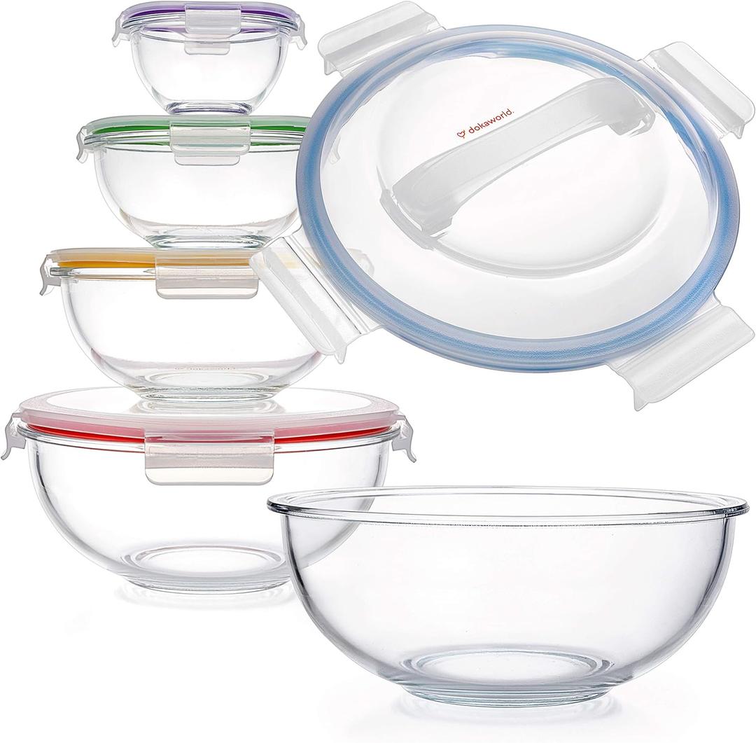 Set of 5 Stackable Space-Saving Nesting Glass Bowls with BPA Free Lids for Foodprep, Storage, Baking, Mixing & Cooking, Microwave Safe - Durable Inert Borosilicate Glass