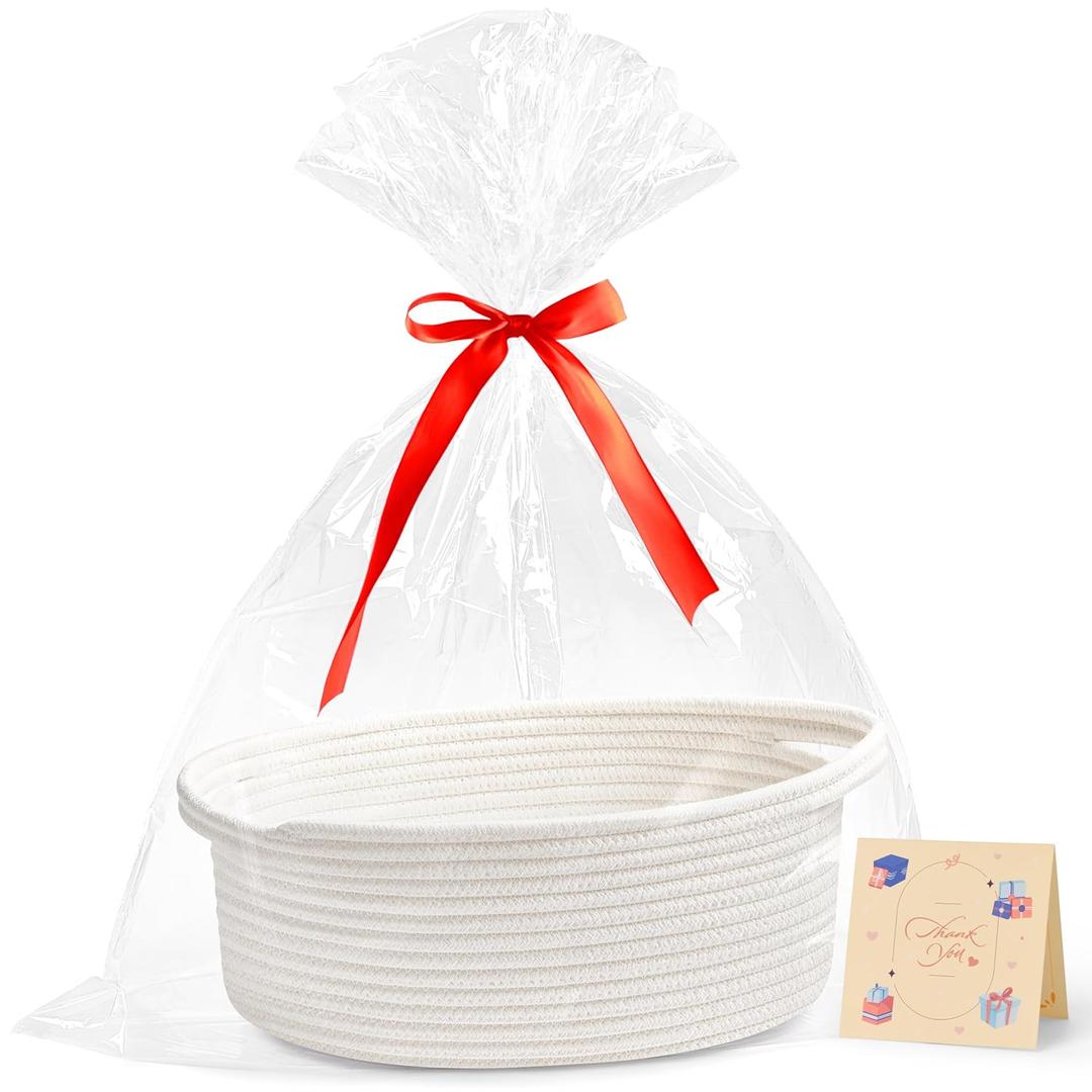 Yeeeasy Small Woven Basket with Gift Bags and Ribbons Cute Baskets for Gifts Empty 12"x8"x5" Small Rope Toy Basket for Babies White Baskets for Storage