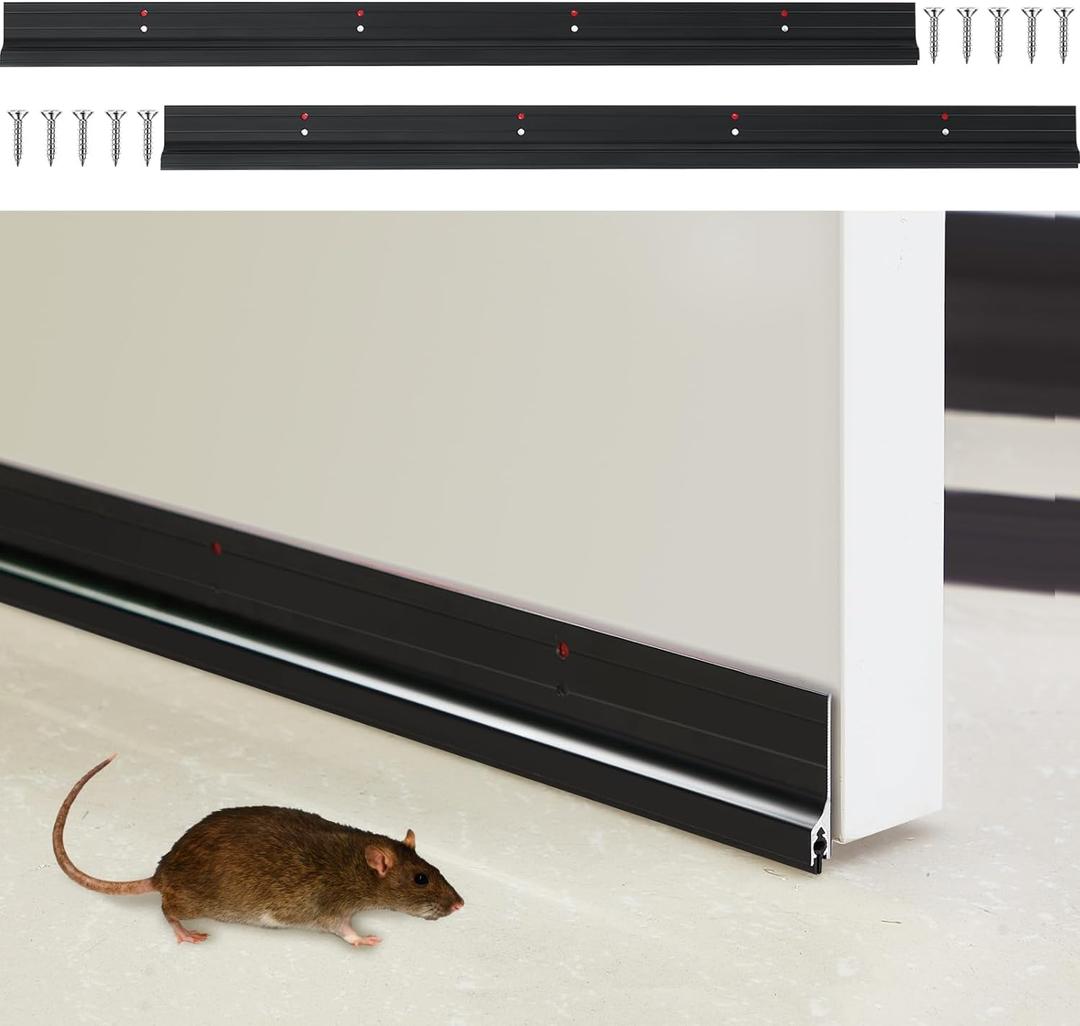 Gisafai 2 Pcs 36 Inches Metal Door Draft Stopper, Mouse Proof Door Sweep, Aluminum Rodent Proof Sweep, Noise Blocker, Keep Rodents Pests Out, Enhanced Weather Sealing, Easy to Install, Black