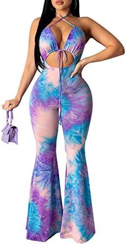 Remelon Womens Spaghetti Strap Halter Tie Dye Print Cut Out Bodycon Bell Flare Pants Club Party One Piece Jumpsuits Rompers Medium