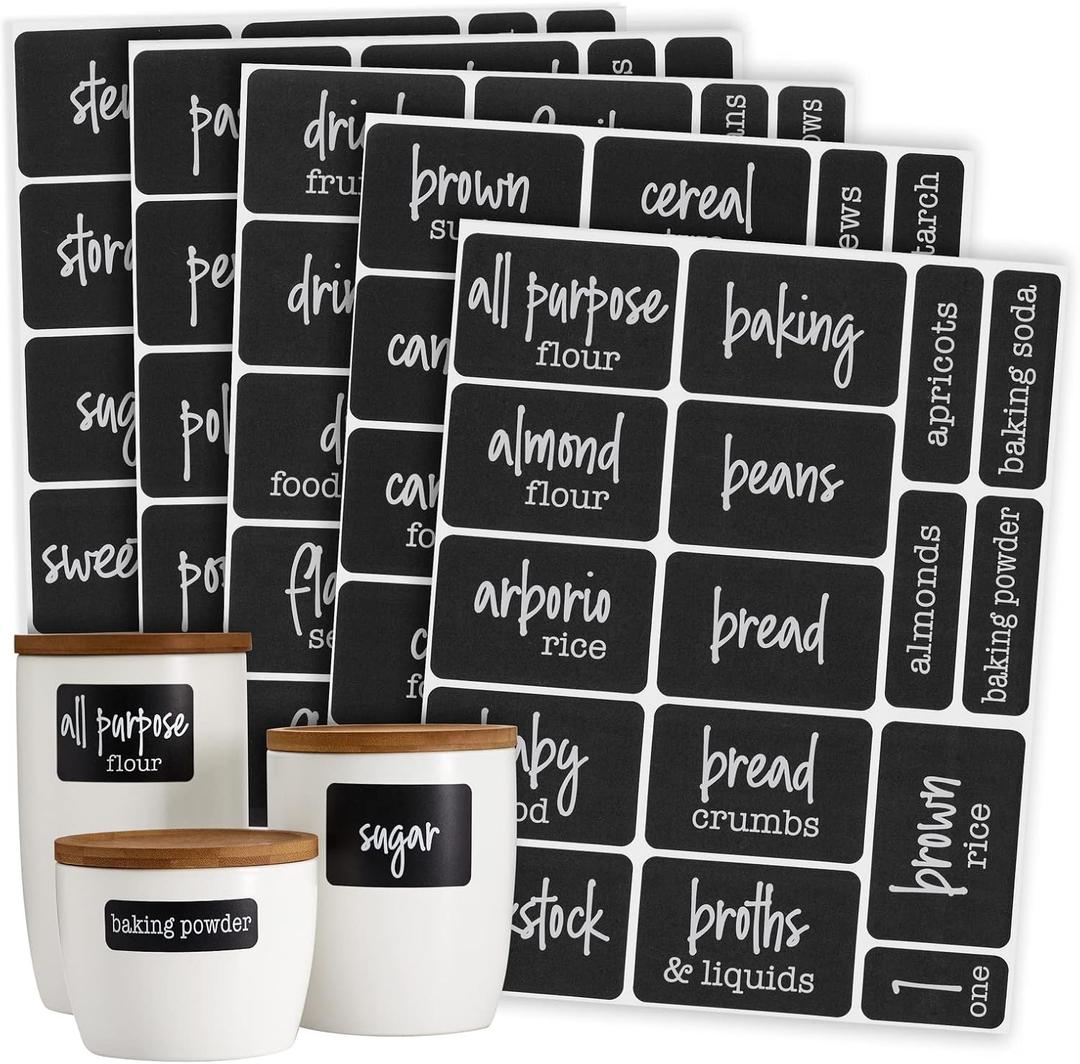 Talented Kitchen 136 Pieces Chalkboard Pantry Labels for Containers Preprinted, White Script on Black Stickers for Jars, Kitchen Canisters (Water Resistant) - Pantry Stickers for Containers (2 x 3 inches)