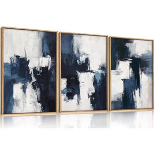 HLNIUC Navy Blue Abstract Wall Art Set of 3, Gray White Modern Neutral Art Decor(16x24), Minimalist Brush Strokes Wall Painting, Dark Geometric Textured Canvas Prints for Living Room, Bedroom, Office