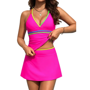 Women's Summer Two Pieces Swimsuit Contrast Trim Tankini Bathing Suits With Skirt Beachwear, M