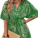 Women's V-Neck Wrap Around Cinched Waist Floral Print Jumpsuit, Suitable For Beach Vacation (Green, XS)