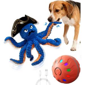 Octopus Dog Toy-Automatic Bouncing Ball, Moving Chew Toy with Bouncing Ball, Interactive Dog Toys for Small and Large Dogs, Automatic Moving Dog Ball Toys, Squeaky Tug of War Dog Toy to Keep Them Busy (BLUE)