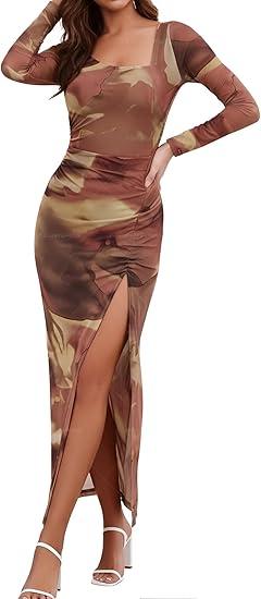 Long Sleeve Fall Wedding Guest Dress 2025 Bodycon Floral Mesh Ruched Cocktail Side Split Maxi Dresses Elegant, XL
