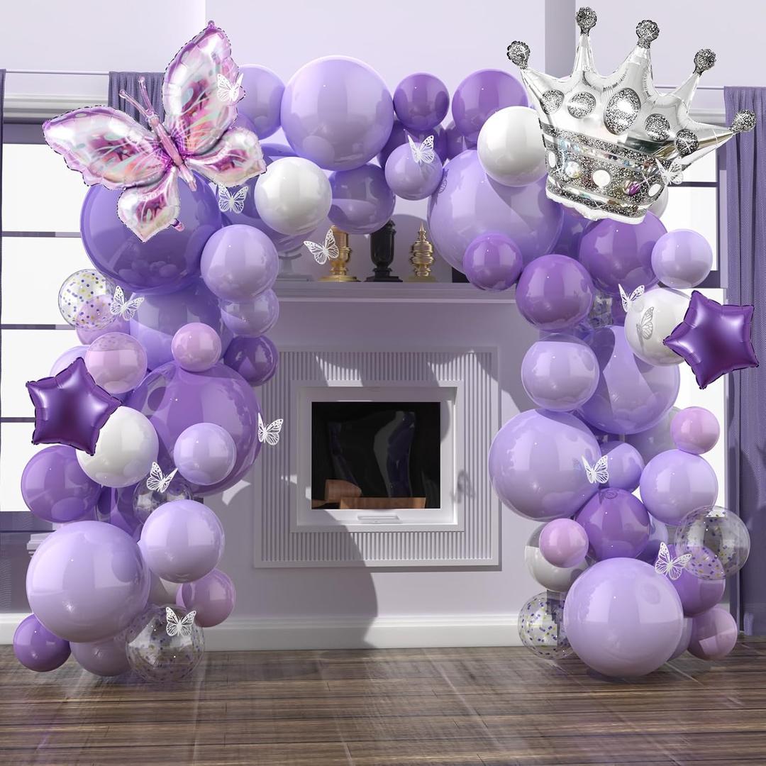 VinTS 124 pcs Purple Balloons Garland Arch Kit,Butterfly Lavender Baby Shower Balloons 13Pcs Butterfly Stickers for Girl Mother Wedding Birthday Party Decorations