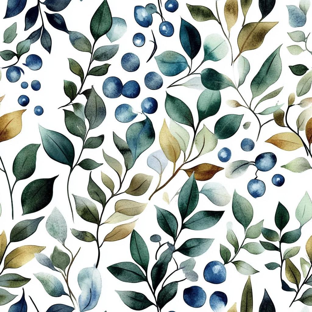 Watercolor Leaves Peel and Stick Wallpaper Blue Green and Brown Self Adhesive Removable Leaf Plants Contact Paper Nursery Bedroom Mural Wall Decorative 17.71"x118.1"