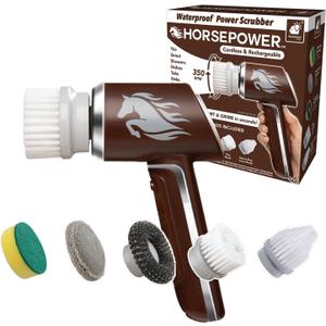 Horsepower Electric Power Scrubber, Waterproof, Spins 350 RPM, 5 Brush Heads, AS-SEEN-ON-TV, Cleans Dirt & Grime, Tile, Grout, Bathrooms, Kitchen, Auto Rims, Outdoor Furniture & More, Rechargeable