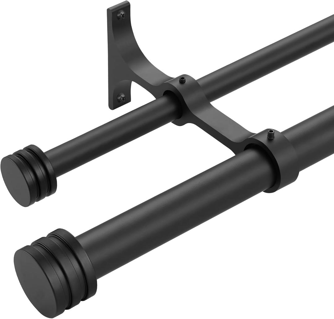 Double Curtain Rods with Aluminum End Cap and Full Enclosure Brackets, 1- Inch Front and 5/8 Inch Back Window Rod, Dual Drapery Rods Adjustable from 36 to 72 Inches (3-6 Feet), Matte Black