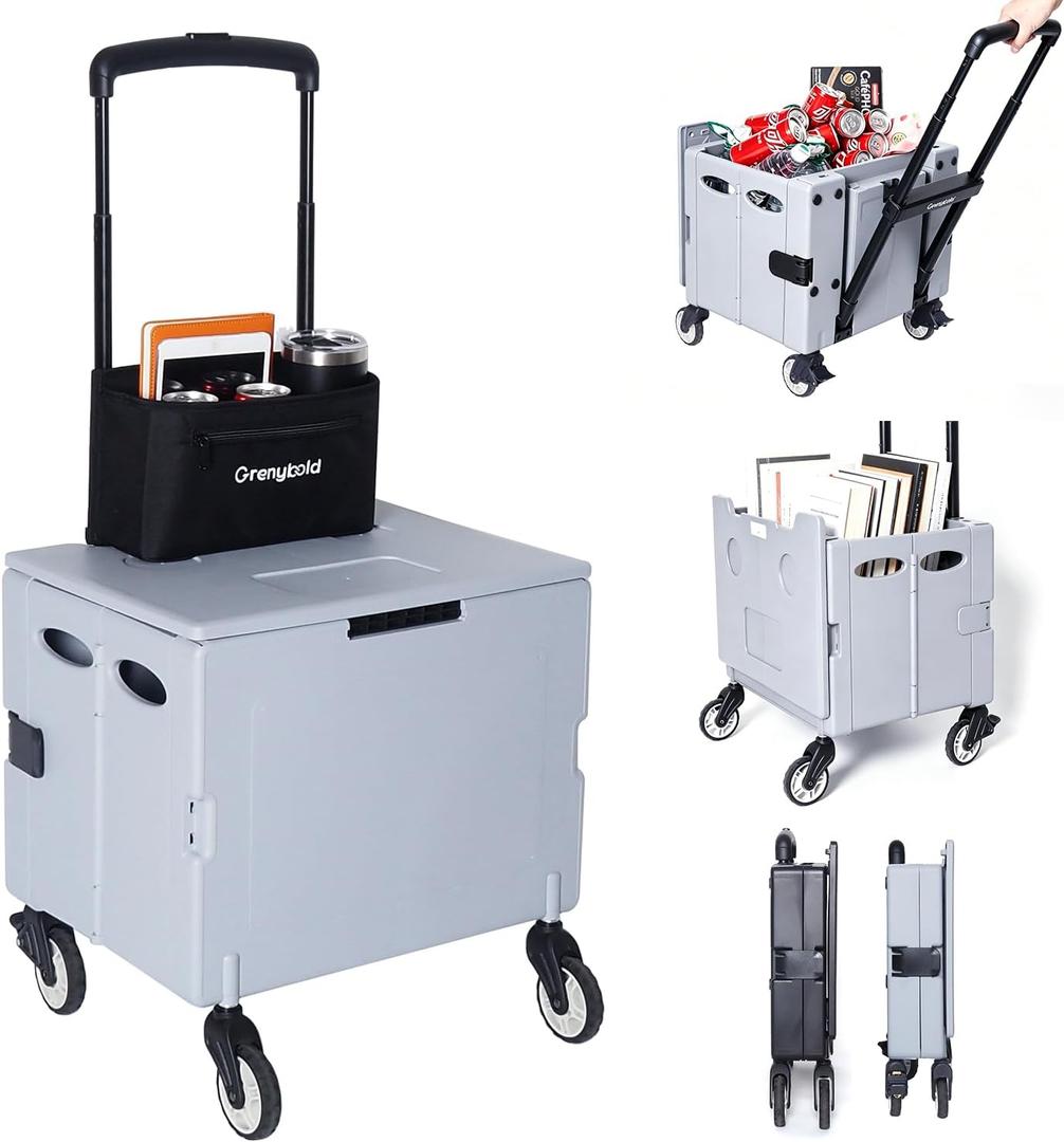 Collapsible Rolling Crate, Folding Utility Cart with 2 Lockable 360 Swivel Wheels & Lid, Portable Shopping Trolley for Grocery, Camping, Teacher, Office