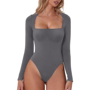 QINSEN Women's Sexy Square Neck Bodysuit Long Sleeve Double Lined Shirt Tops (Medium, Dark Grey)
