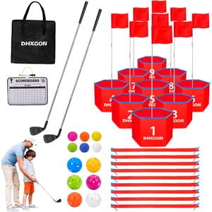 Backyard Golf Game with 2 Clubs, Portable 9 Hole Golf Course, Outdoor Yard Golf Chipping Game for Family and Adults, Beach, Park, Lawn, Field Day Reunion Party Games (Red)