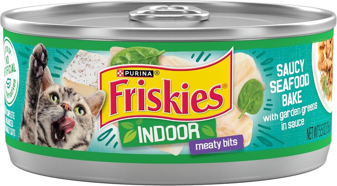 Purina Friskies Indoor Cat Food Meaty Bits Saucy Seafood Bake With Garden Greens in Sauce - (Pack of 24) 5.5 oz. Cans (BB: August 2027)