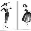 2 Pieces Fashion Women Canvas Wall Art Trendy Models Painting Black and White Funky Poster Pictures Framed Artwork for Bedroom Bathroom Makeup Room Decor 12"x16" (30cmx40cm)