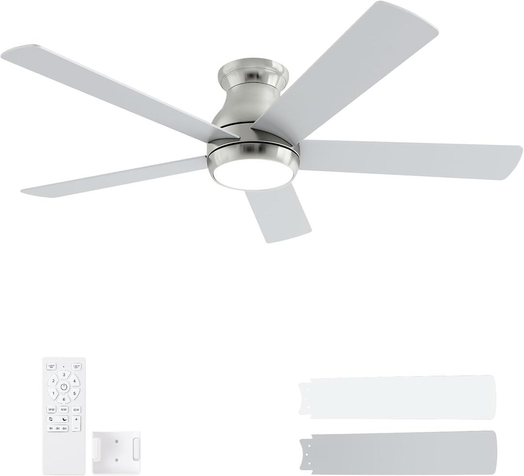 52 Inch Brushed Nickel Ceiling Fans with Lights and Remote,LED Low Profile Flush Mount Ceiling Fan for Bedroom, Living Room, Patio, Quiet DC Motor, 5 Blades 52 Inch Brushed Nickel Ceiling Fans with Lights and Remote,LED Low Profile Flush Mount Ceiling Fan for Bedroom, Living Room, Patio, Quiet DC Motor, 5 Blades